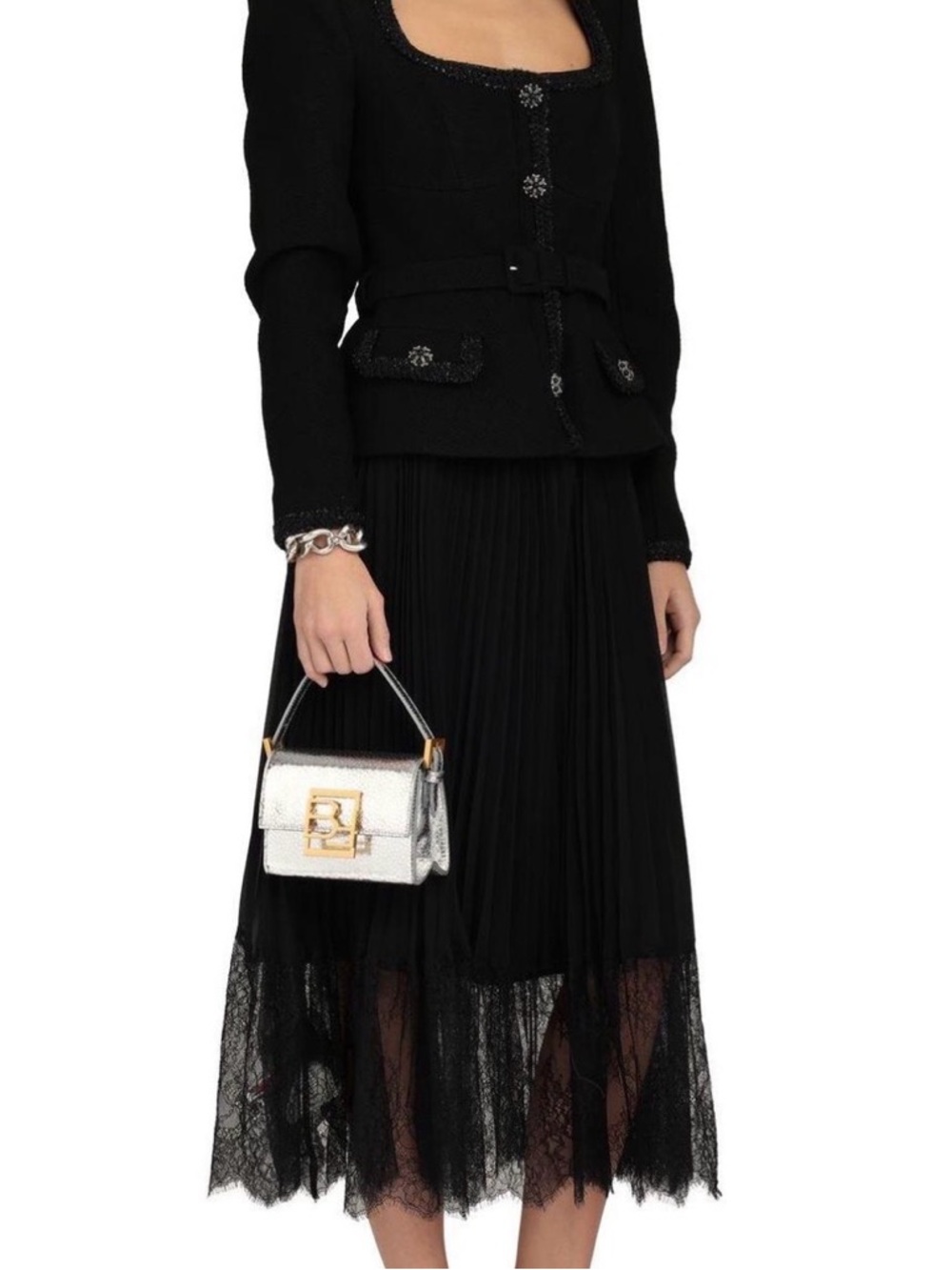 Self-Portrait Black Pleated Midi Skirt with Lace Hem